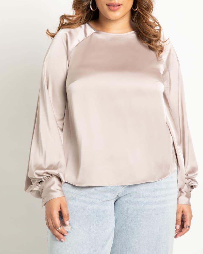 Front of a model wearing a size 22 Poet Sleeve Blouse With Tie Back in Silver Mink by ELOQUII. | dia_product_style_image_id:275223